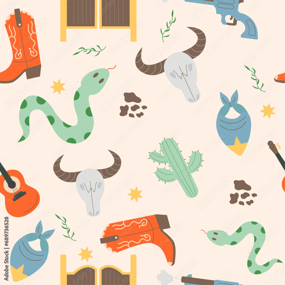 Wild west seamless pattern with snake, cactus, cow skull, boots