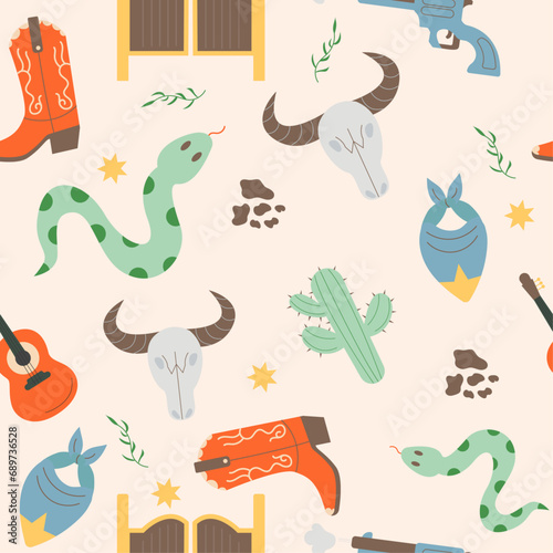 Wild west seamless pattern with snake  cactus  cow skull  boots