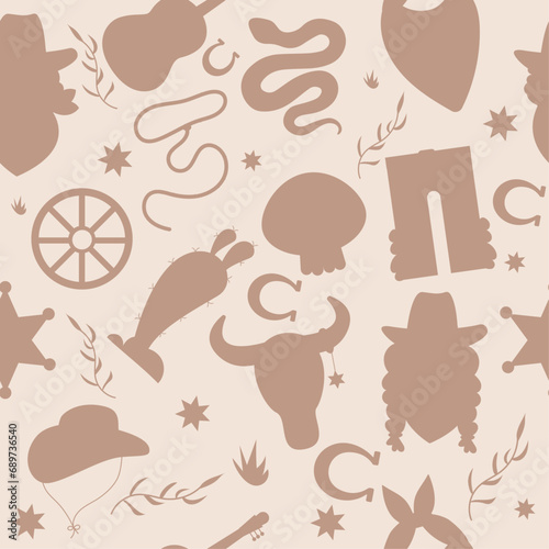 Seamless silhouette pattern of wild west cowboy, hat, cactus