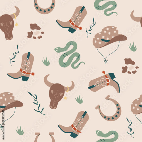 Wild west seamless pattern with hat, boots