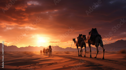 Desert Trek at Sunset: Camel Procession Under Colorful Sky