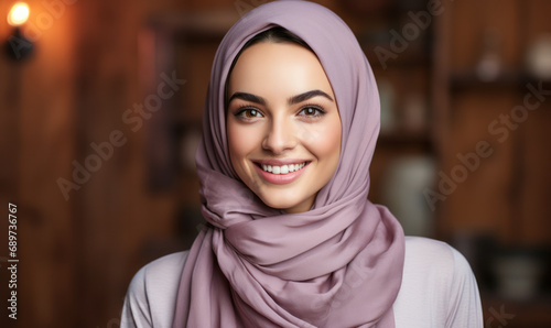 Radiant young woman in a light purple hijab with a beaming smile, glowing skin, and dark eyes, exuding warmth and positivity on a matching background