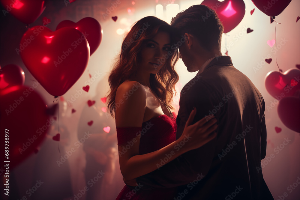 Junges Paar tanzt romantisch auf Valentinsparty Junges Paar tanzt romantisch auf Valentinsparty
