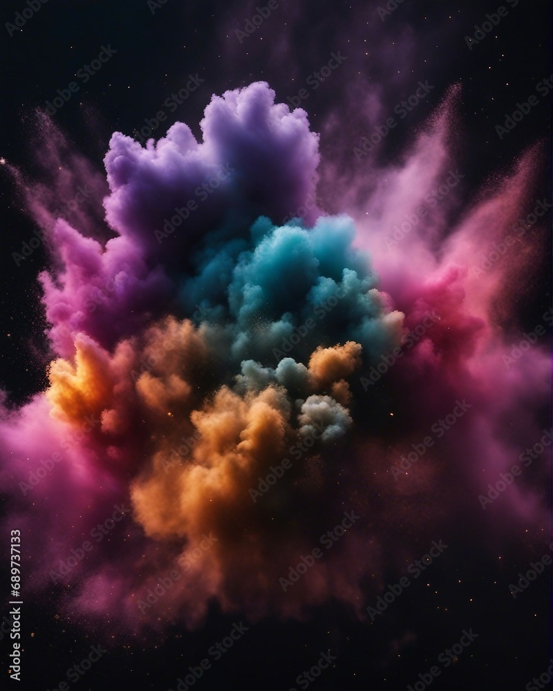 Colorful dust explosion in black background, close up view


