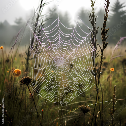 A dew-covered spiderweb in a misty meadow