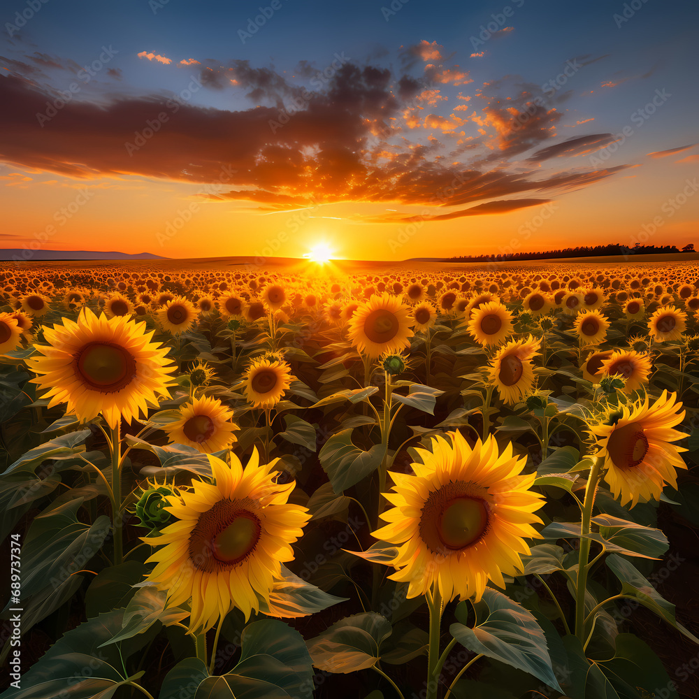 A field of sunflowers bathed in the warm light of the setting sun