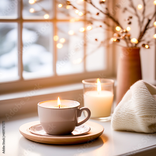 flame from candle Candles in glasses placed on cloth, coffee cups on the table in the middle of the living room by the window. Create a comfortable atmosphere warm and quiet cozy winter background