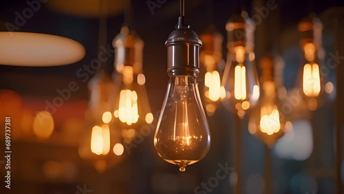 Retro decorative lightbulbs hanging. Vintage design 4k Close-up Of A Tungsten Light Bulb Sparkling with bokeh lights. Energy, Electricity, Innovation Concept. Modern stylish decorative lamps vintage b photo