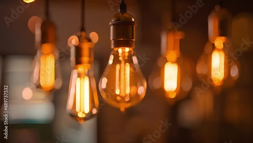 Retro decorative lightbulbs hanging. Vintage design 4k Close-up Of A Tungsten Light Bulb Sparkling with bokeh lights. Energy, Electricity, Innovation Concept. Modern stylish decorative lamps vintage b photo