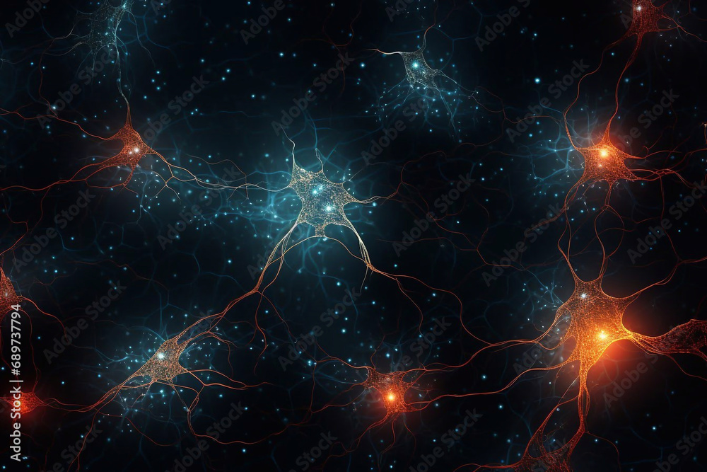 Neurons cells with glowing in human brain synapses Nervous system ...