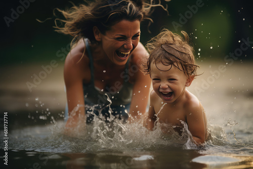 a mother and a small baby playing together in water