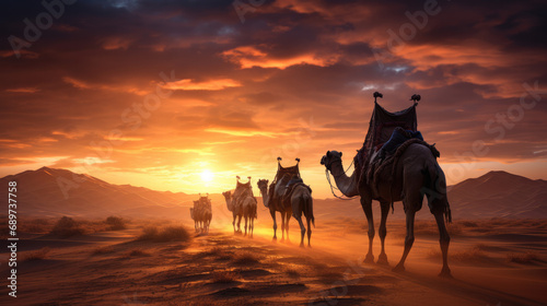 Majestic Camels Journeying Through Desert at Sunset