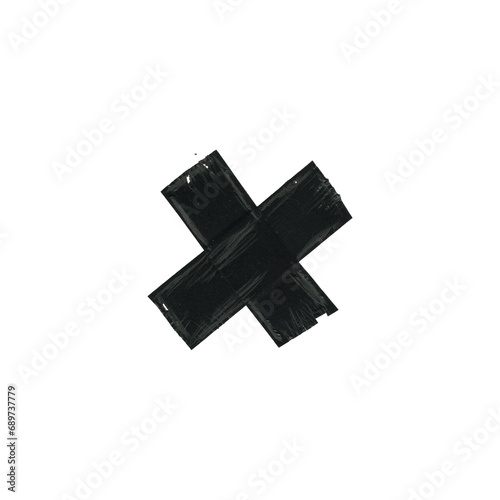 black adhesive craft tape X cross with dust and speckles on transparent background