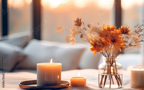 flame from candle Candles in glasses placed on cloth dried flower vase On the table in the middle of living room by the window. Create a comfortable atmosphere warm and cozy winter background