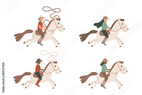 International Cowboy and cowboy woman riding horses