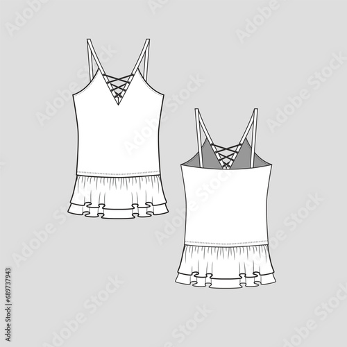 Criss Cross lace up Camisole peplum tunic top dress ruffle hem detail fashion Apparel Clothing flat sketch technical drawing template design vector