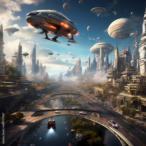 A futuristic city with flying cars zooming above.
