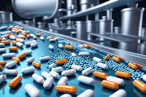 Fiktive Pharmaproduktion: Digitale Illustration mit Fördertechnik, Medikamenten in Form von Pillen und Tabletten photo