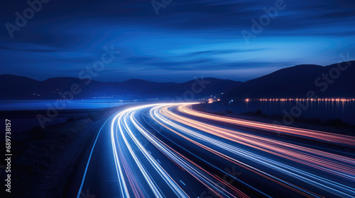 Stream of Lights on Nighttime Highway Traffic