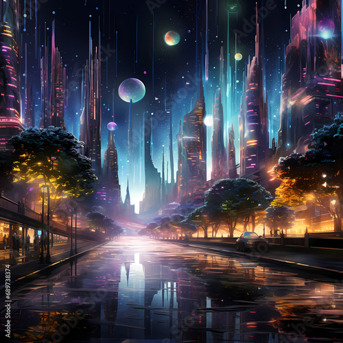 A futuristic cityscape with holographic trees.