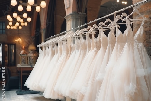 Exquisite and luxurious white bridal dresses hanging on hangers in a beautiful boutique salon