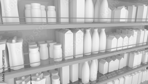 Shelves with products in a grocery store. Shopping in supermarket. Shelves and showcases in the trading floor of the supermarket. Camera movement along. 3d rendering