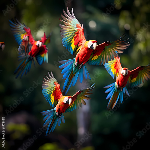 A group of colorful parrots in flight. © Cao