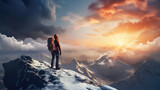 Peak Perspective: Mountaineer Overlooking Snowy Expanse