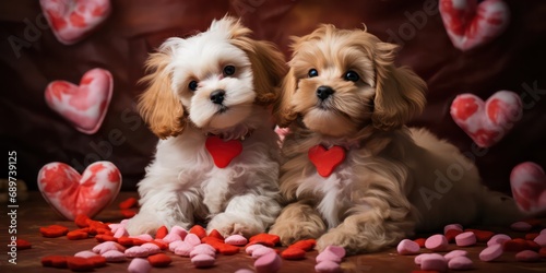 Adorable puppies and pets with Valentine's Day elements