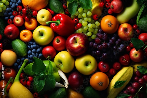 Image of a close-up of fresh, colorful fruits and vegetables. Generative AI