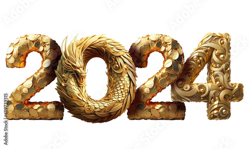 Year 2024 stylized with elements of a golden dragon and ornate patterns.