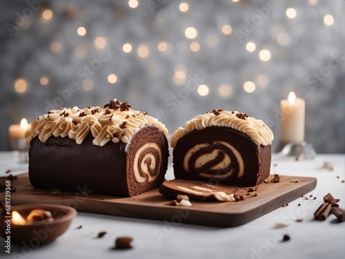 Yule Log cake, white stone background with lights and decorative