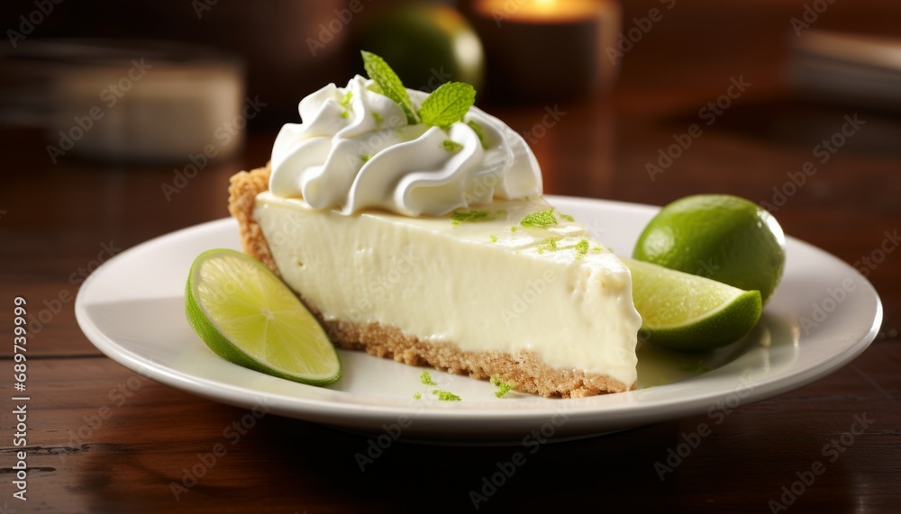 Key lime pie on rustic wooden background with fresh lime slices and whipped cream topping Key lime pie on rustic wooden background with fresh lime slices and whipped cream topping