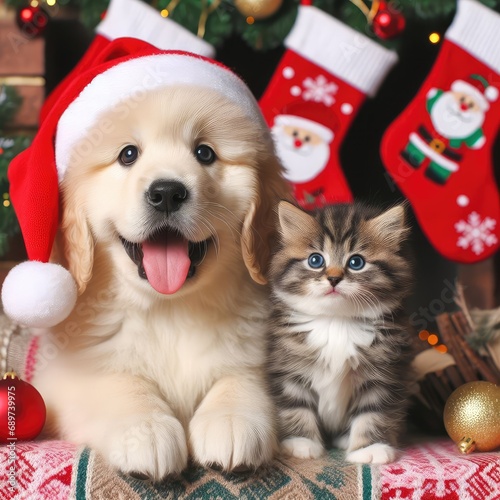 dog and cat and kitens wearing a santa hat, Christmas dog and cat