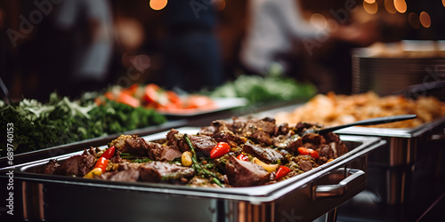 Grilled meat and vegetables, Food on a buffet table at the hotel, Group of people on catering buffet food indoor in restaurant with grilled meat Buffet service, generative AI