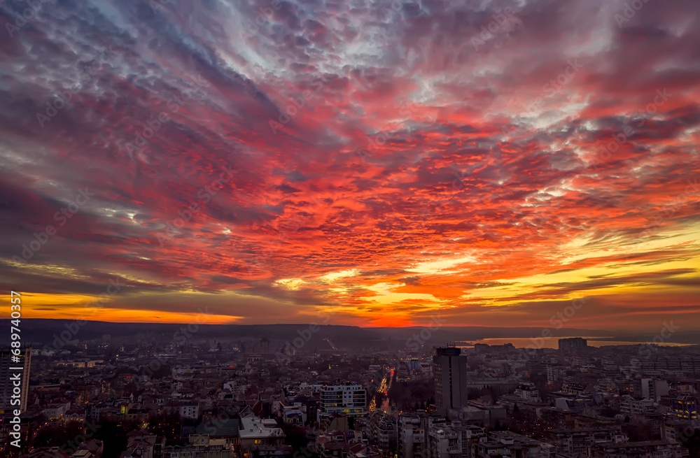 Stunning red clouds over the city. Varna, Bulgaria