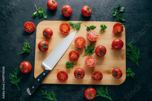 Top view of red sliced tomatoes on wooden chopping board. Sharp knife near. Green parsley and dill. Dark background. Preparing fresh vegetable salad © Natalia