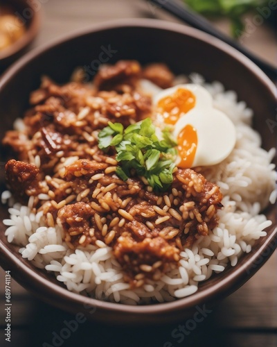 delicious asian rice bowl, blurry background

