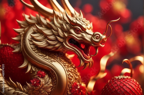 Happy Chinese New Year 2024 the dragon zodiac sign with flower, lantern, elements with red and gold color. background. Copy space © DJSPIDA FOTO