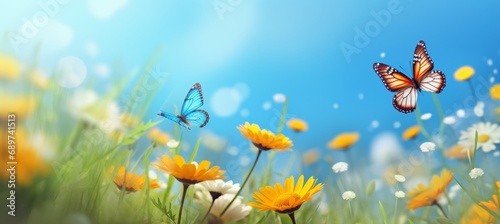 Picturesque meadow with vibrant flowers and fluttering butterflies in the serene beauty of nature. © Ilja