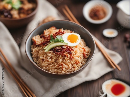 delicious asian rice bowl, blurry background