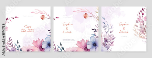 Pink blue and purple violet cosmos beautiful wedding invitation card template set with flowers and floral