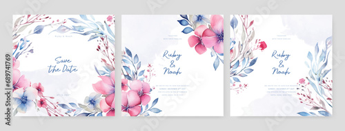 Pink and blue frangipani luxury wedding invitation with golden line art flower and botanical leaves, shapes, watercolor