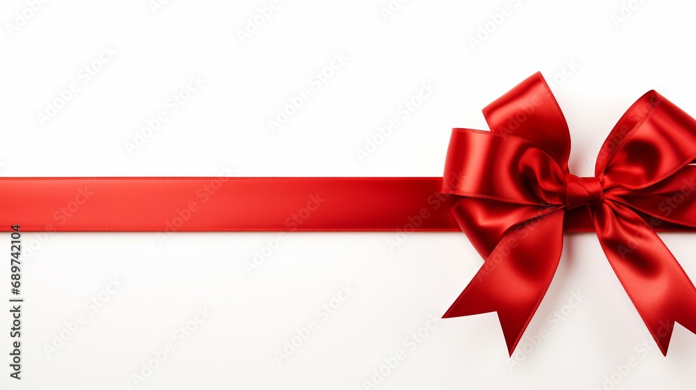 Red ribbon bow on left of straight ribbon for banner, isolated on white background with copy space Red ribbon bow on left of straight ribbon for banner, isolated on white background with copy space