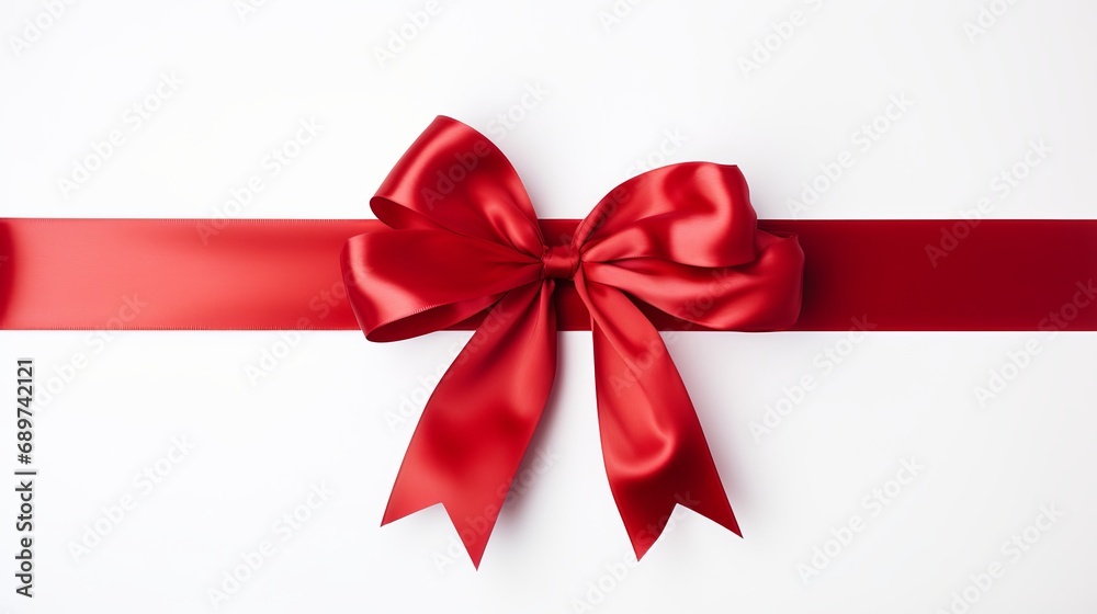 Festive red ribbon bow on long straight ribbon, isolated on white background with text space Festive red ribbon bow on long straight ribbon, isolated on white background with text space
