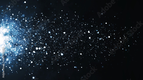 Background of bright particles flying horizontally. Dynamic white particles float chaotically in slow motion in space. Shimmering sparkling particles. Real light particles in the air. 3D