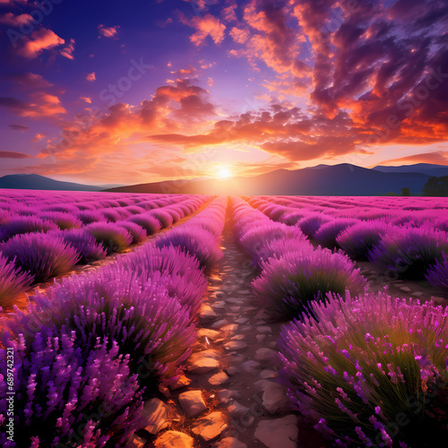 A pathway through a vibrant lavender field.