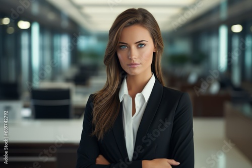 Photo of a well-dressed businesswoman in a sleek corporate environment. Generative AI © Aditya