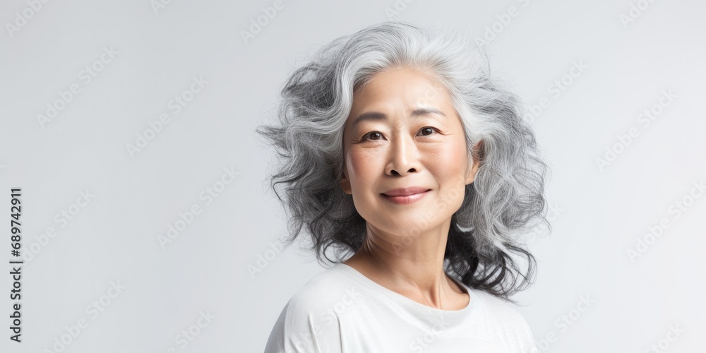 A happy and elegant elderly Chinese woman radiates joy in a studio portrait, showcasing natural beauty. A happy and elegant elderly Chinese woman radiates joy in a studio portrait, showcasing natural beauty.