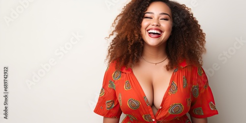A happy and confident young black chubby woman with curly hair exudes beauty and charm in a stylish studio portrait. photo